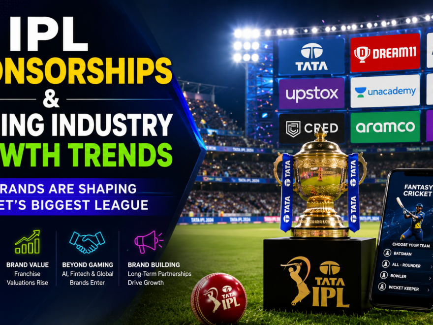 IPL sponsorship banners with cricket stadium lights, gaming apps, and corporate brand logos during a live IPL match.