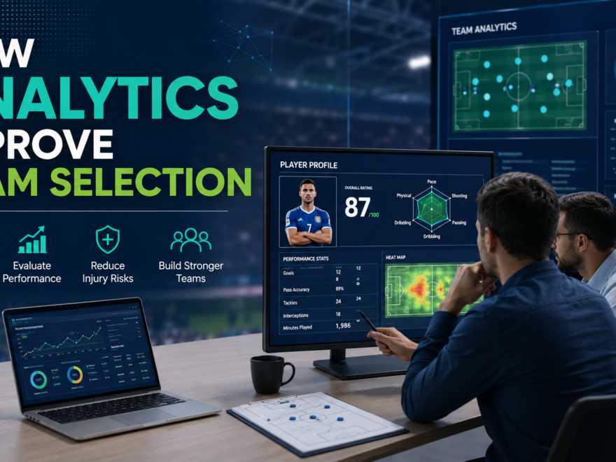 Sports analysts reviewing player performance data and statistics to improve team selection and build stronger squads.