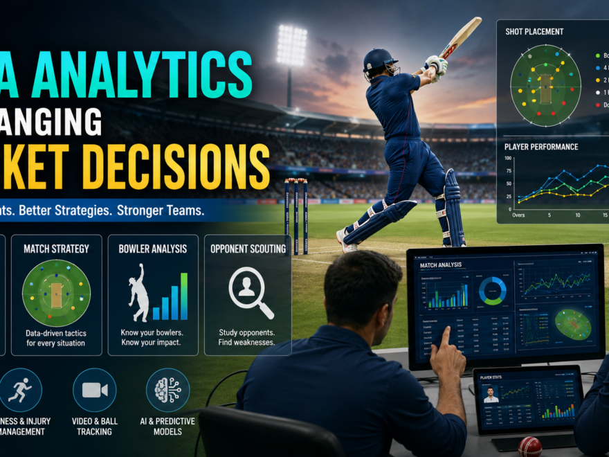 Cricket analysts using data analytics and performance statistics to improve team strategy and player decisions during a match.