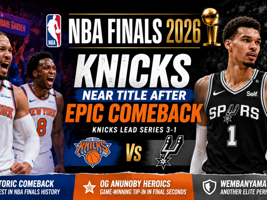 New York Knicks players celebrate after a historic Game 4 comeback victory against the San Antonio Spurs in the 2026 NBA Finals.