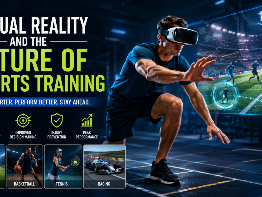 Athlete using a virtual reality headset during advanced sports training simulation to improve performance and decision-making skills.