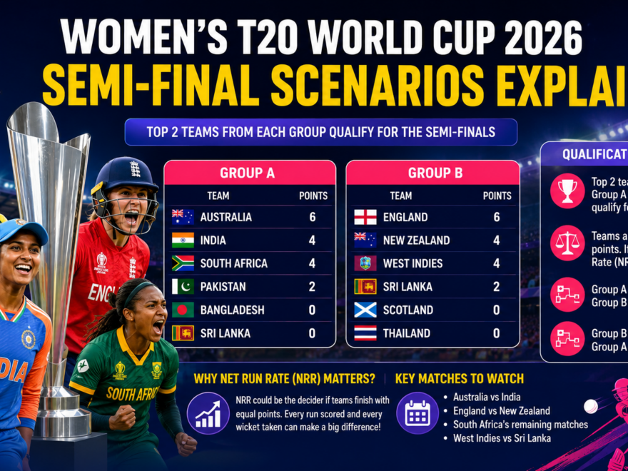 Women's T20 World Cup 2026 teams competing for semi-final qualification as points table and Net Run Rate decide the final four teams.