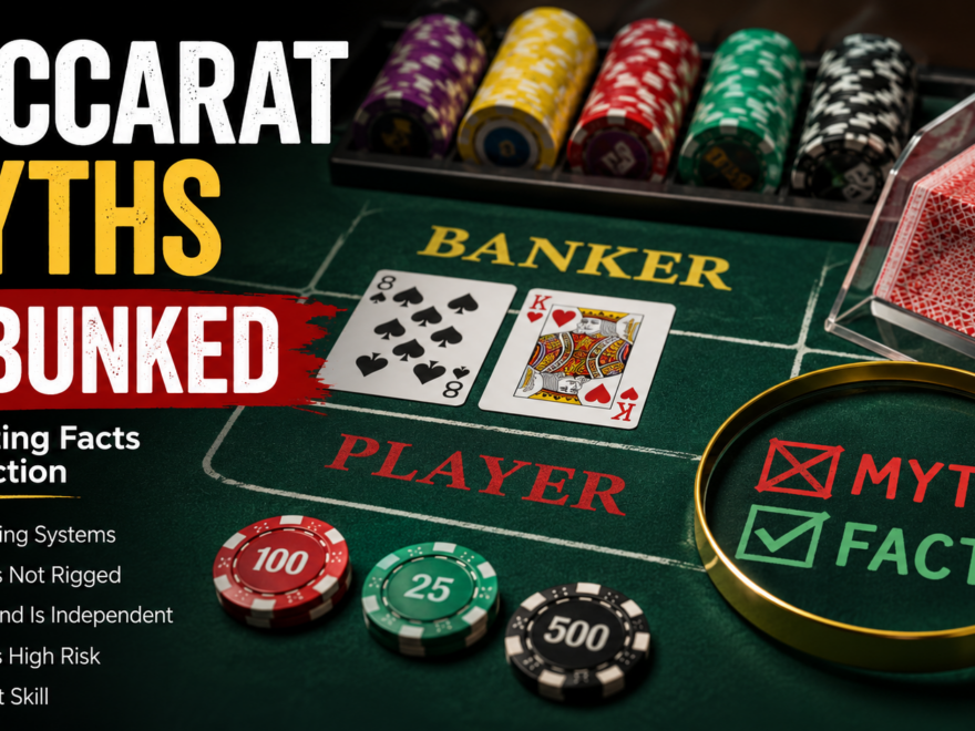 A baccarat table with playing cards, chips, and dealer illustrating common baccarat myths and the facts behind the game