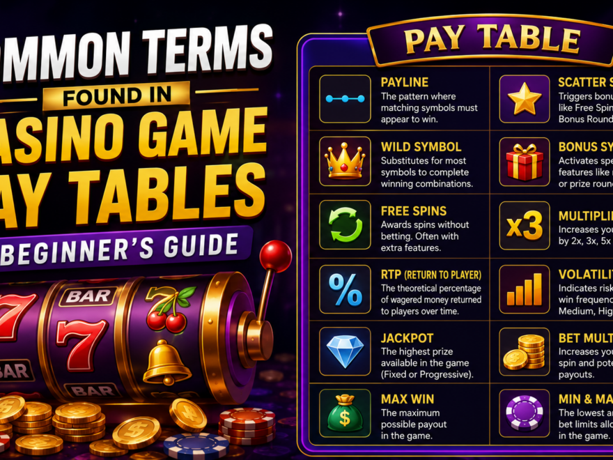 Casino slot pay table explaining paylines, Wild symbols, Scatter symbols, RTP, jackpots, and bonus features.