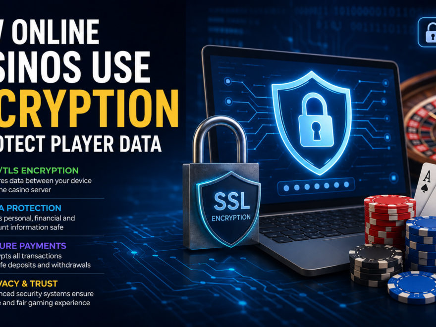 How Online Casinos Use Encryption to Protect Player Data infographic featuring SSL/TLS encryption, cybersecurity shield, secure laptop, casino chips, playing cards, and roulette wheel illustrating safe online casino data protection and secure payment security.