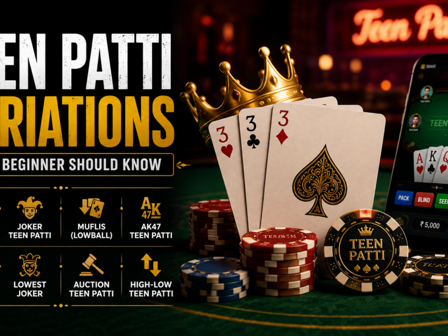 Player enjoying different Teen Patti variations with cards and casino chips on an online gaming table