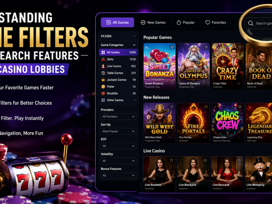 Player using game filters and search features in an online casino lobby to quickly find slots and table games