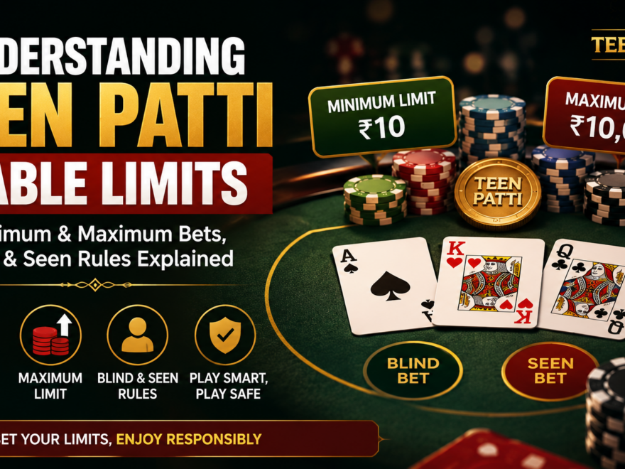 Teen Patti table limits showing minimum and maximum betting ranges, cards, chips, and blind and seen betting rules