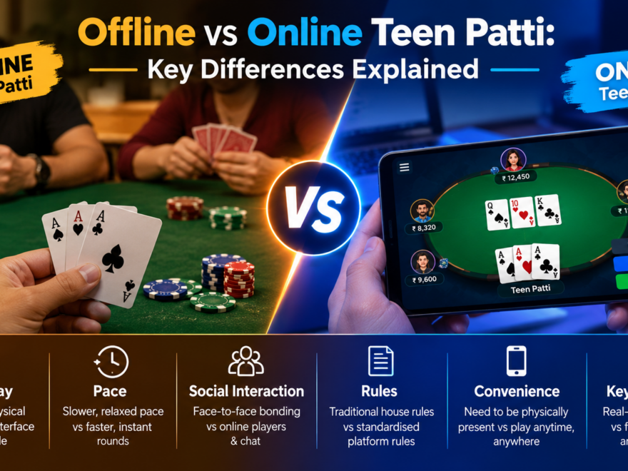 Offline and online Teen Patti game showing key differences