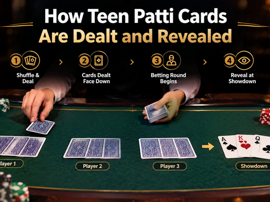 Teen Patti cards being dealt and revealed during a card game