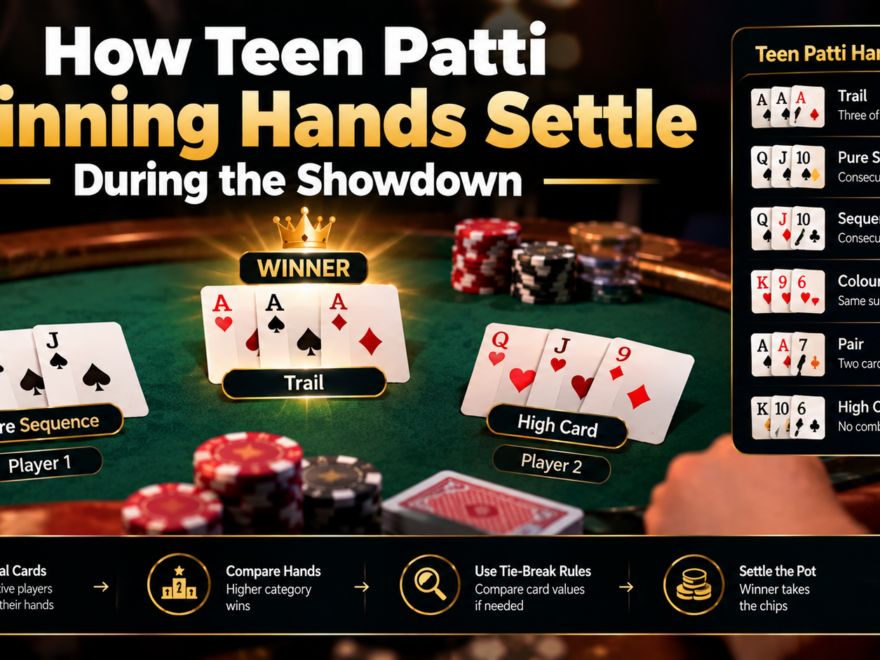 Teen Patti winning hands showdown showing three-card combinations, hand rankings, chips, cards, and winner comparison at the table