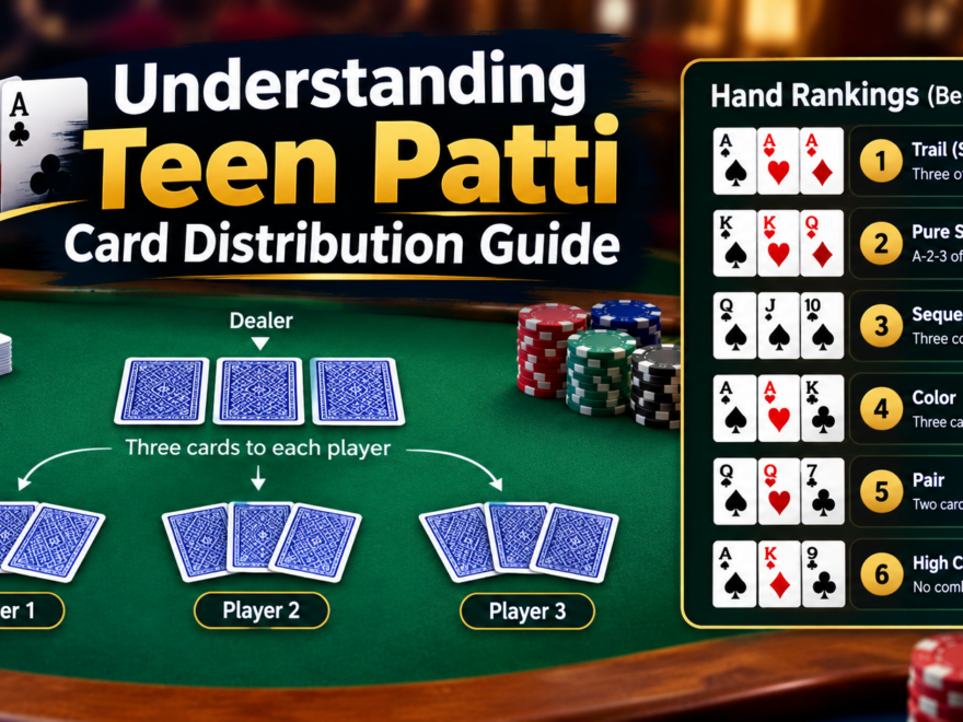 Teen Patti card distribution and three-card hand rankings