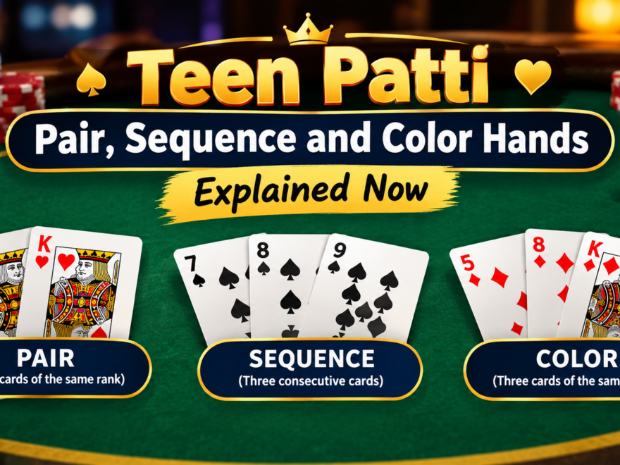 Teen Patti Pair Sequence Color Hands showing pair, sequence and color card combinations on a casino table