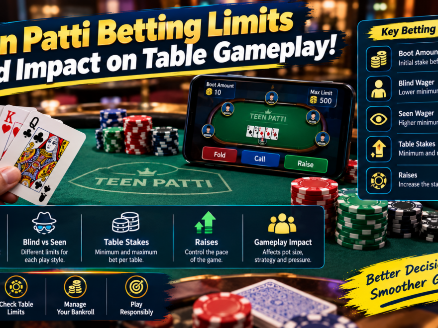 Teen Patti betting limits showing boot amount, blind and seen wagers, table stakes, betting raises, player chips and online table gameplay