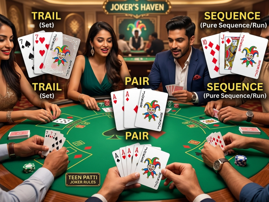 Teen Patti joker cards forming trails, sequences, and pairs on a green playing table