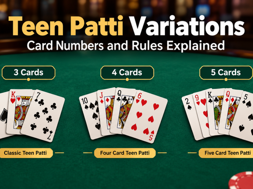 Teen Patti variations showing three, four, and five playing cards on a green card table