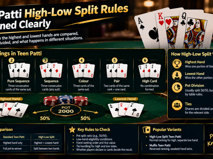 Teen Patti cards arranged to illustrate high-low hand rankings, lowest hands, and pot splitting rules.