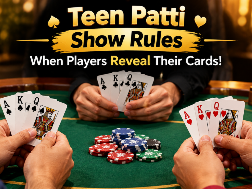 Teen Patti players revealing three-card hands during a showdown at a traditional card table.
