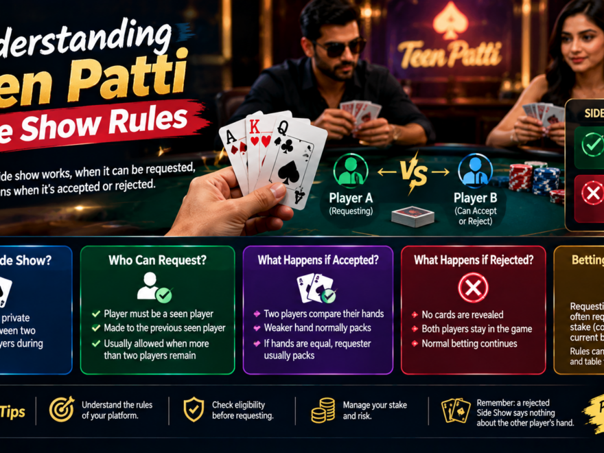 Teen Patti side show rules showing player acceptance, rejection and private hand comparison